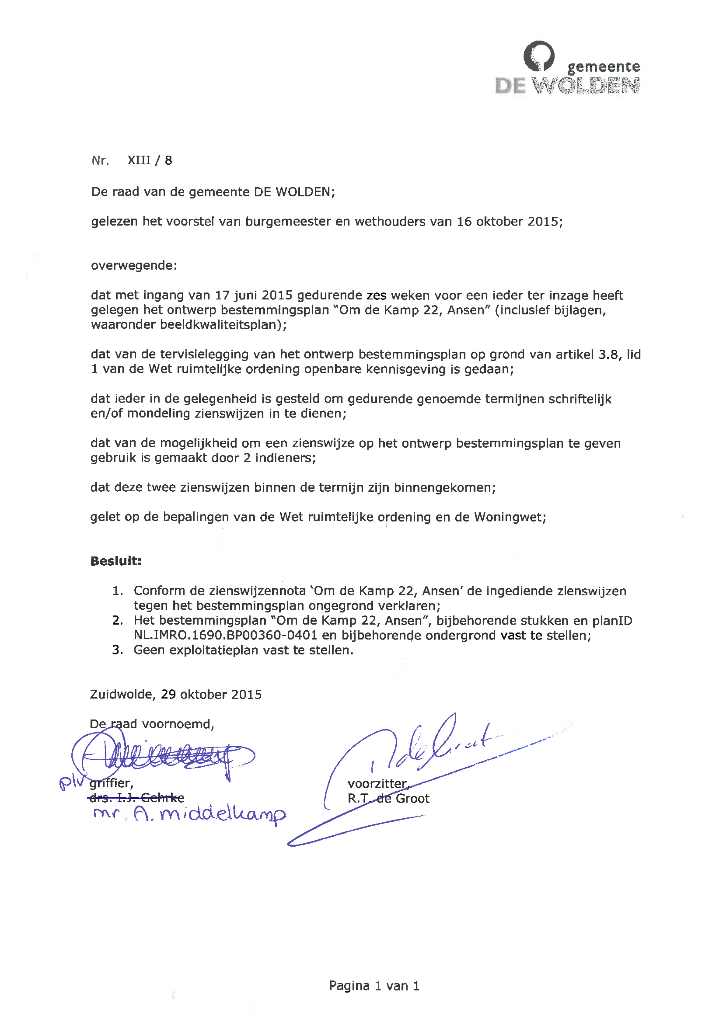 Vaststelling bestemmingsplan Erve Wink