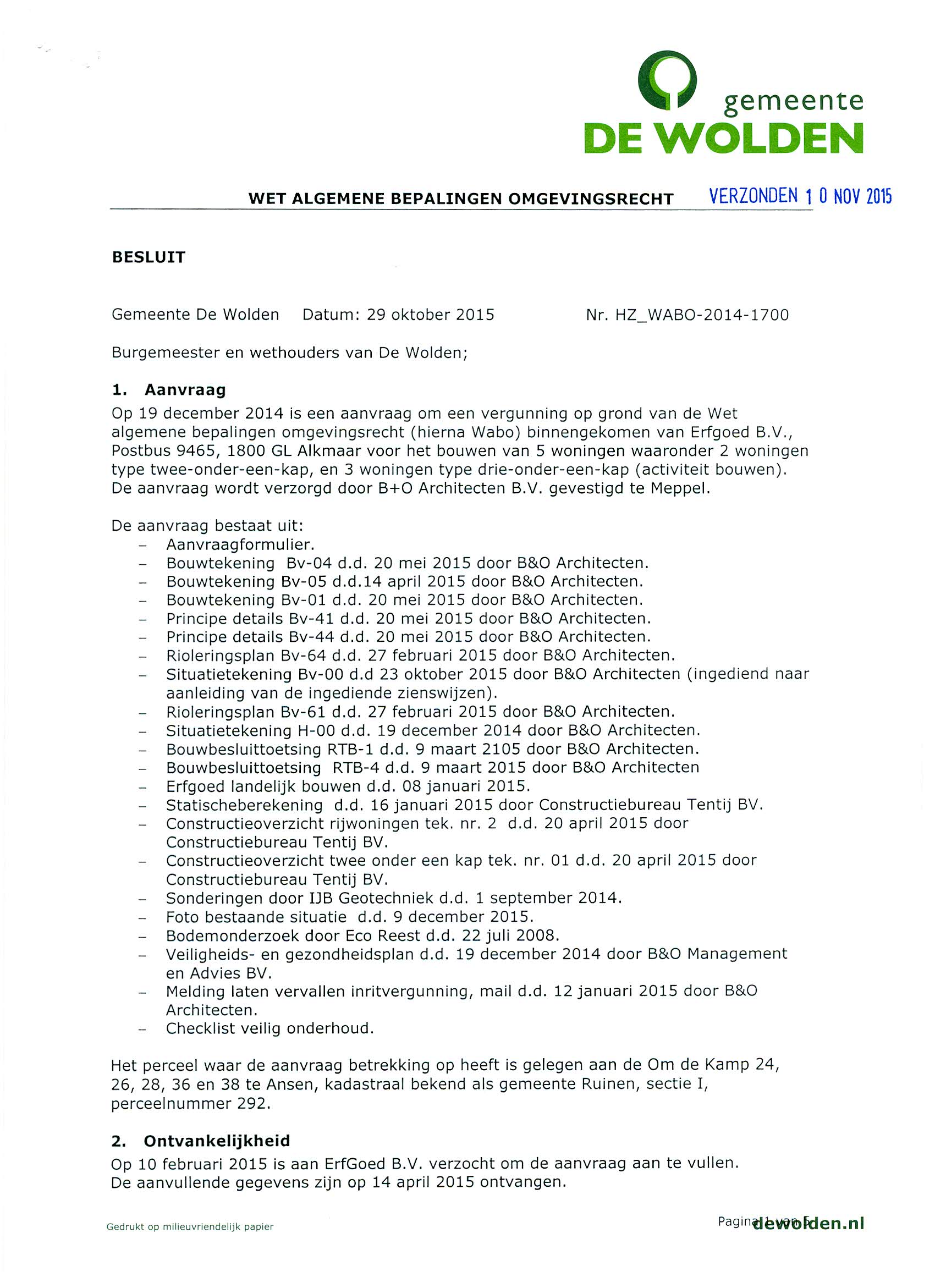 Omgevingsvergunning Erve Wink verleend